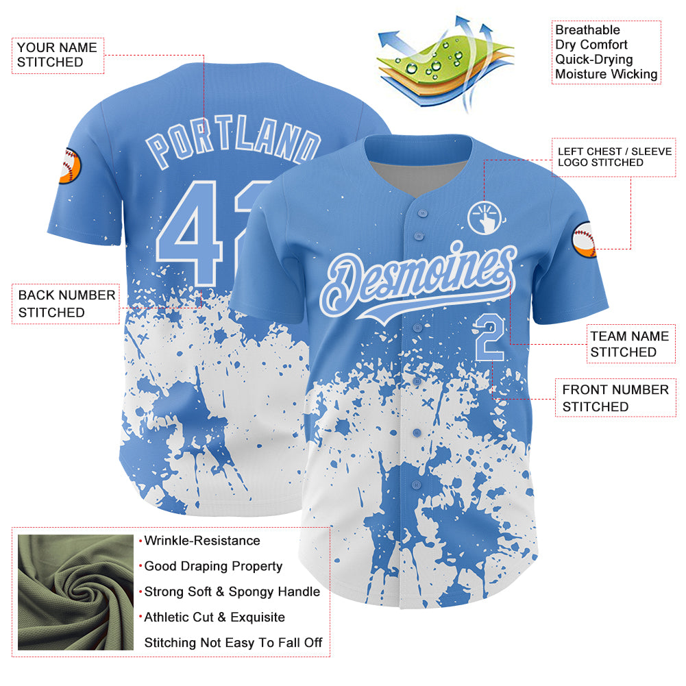 Custom Light Blue White 3D Pattern Design Abstract Splash Grunge Art Authentic Baseball Jersey