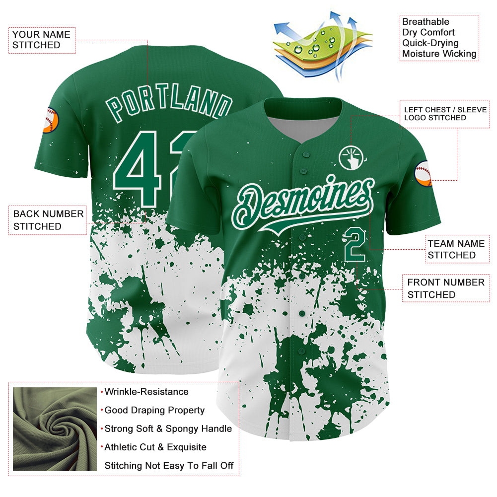 Custom Kelly Green White 3D Pattern Design Abstract Splash Grunge Art Authentic Baseball Jersey