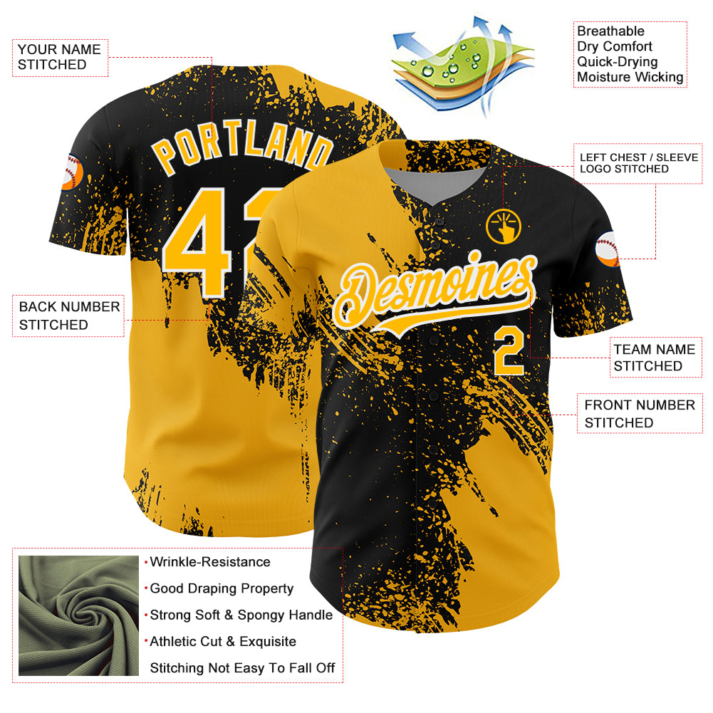 Custom Black Gold-White 3D Pattern Design Abstract Brush Stroke Authentic Baseball Jersey