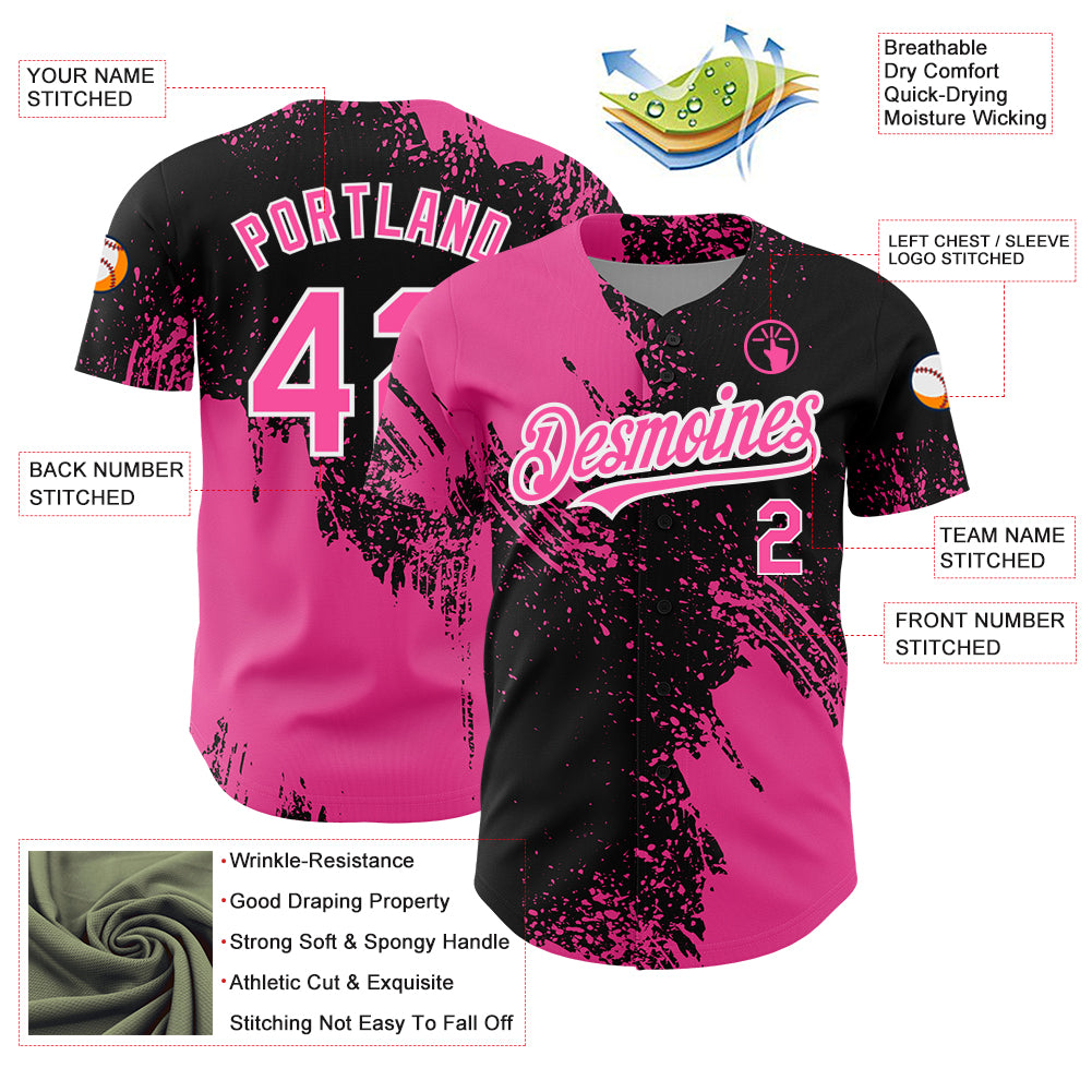 Custom Black Pink-White 3D Pattern Design Abstract Brush Stroke Authentic Baseball Jersey