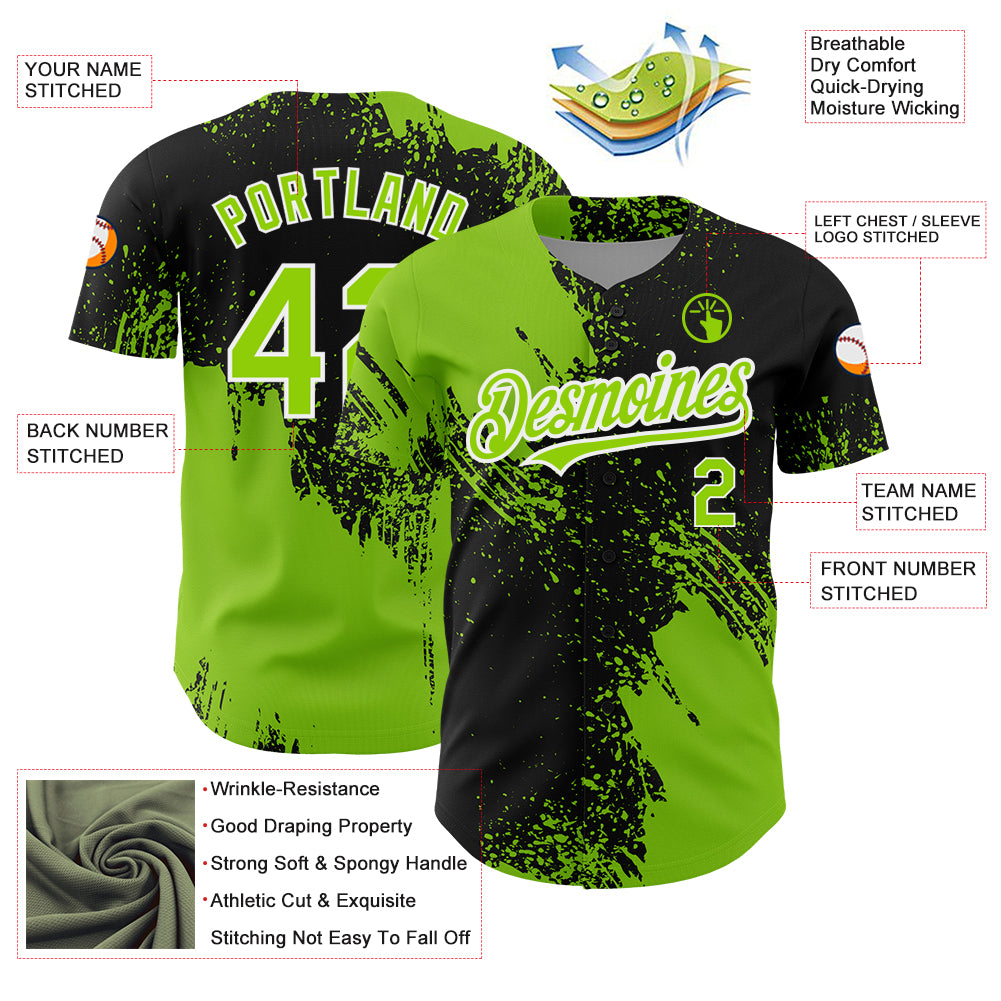 Custom Black Neon Green-White 3D Pattern Design Abstract Brush Stroke Authentic Baseball Jersey