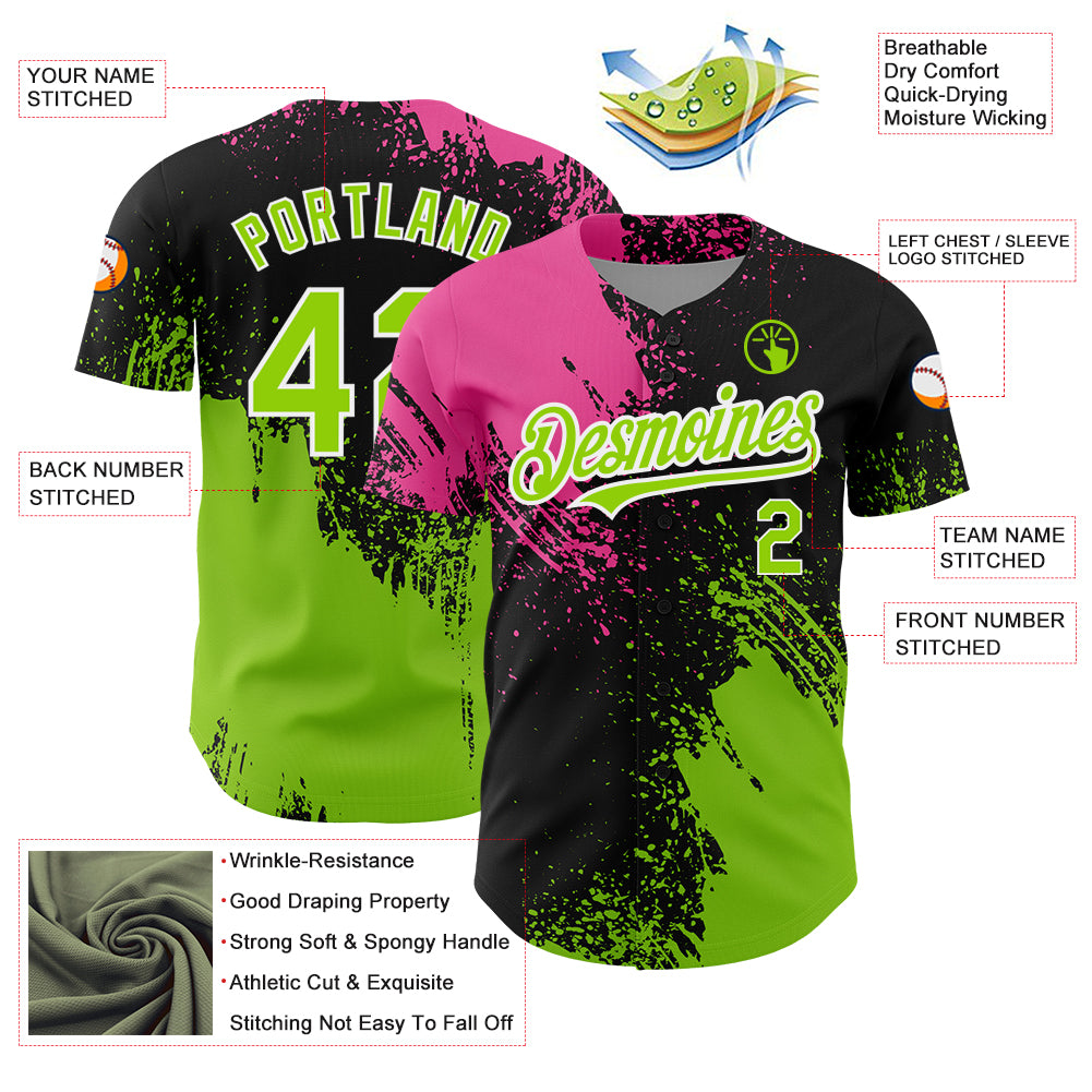 Custom Black Neon Green-Pink 3D Pattern Design Abstract Brush Stroke Authentic Baseball Jersey
