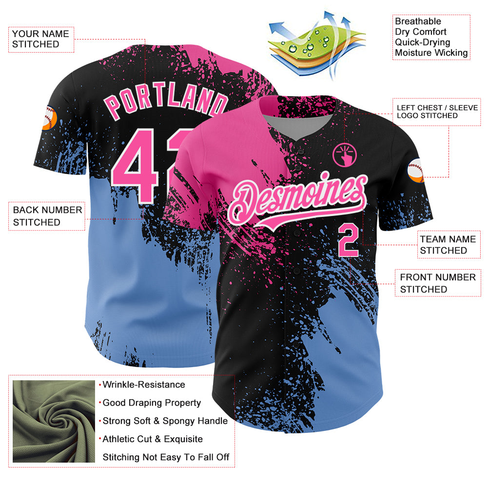 Custom Black Pink-Light Blue 3D Pattern Design Abstract Brush Stroke Authentic Baseball Jersey