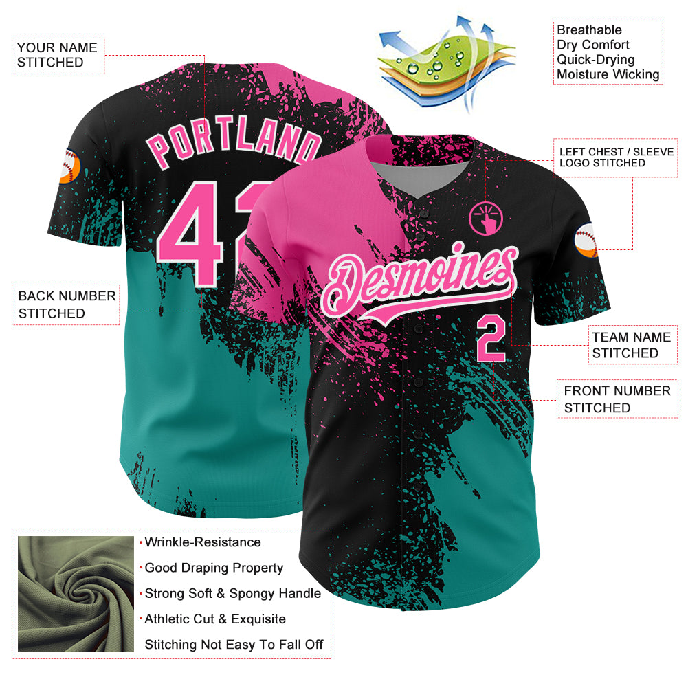 Custom Black Pink-Teal 3D Pattern Design Abstract Brush Stroke Authentic Baseball Jersey