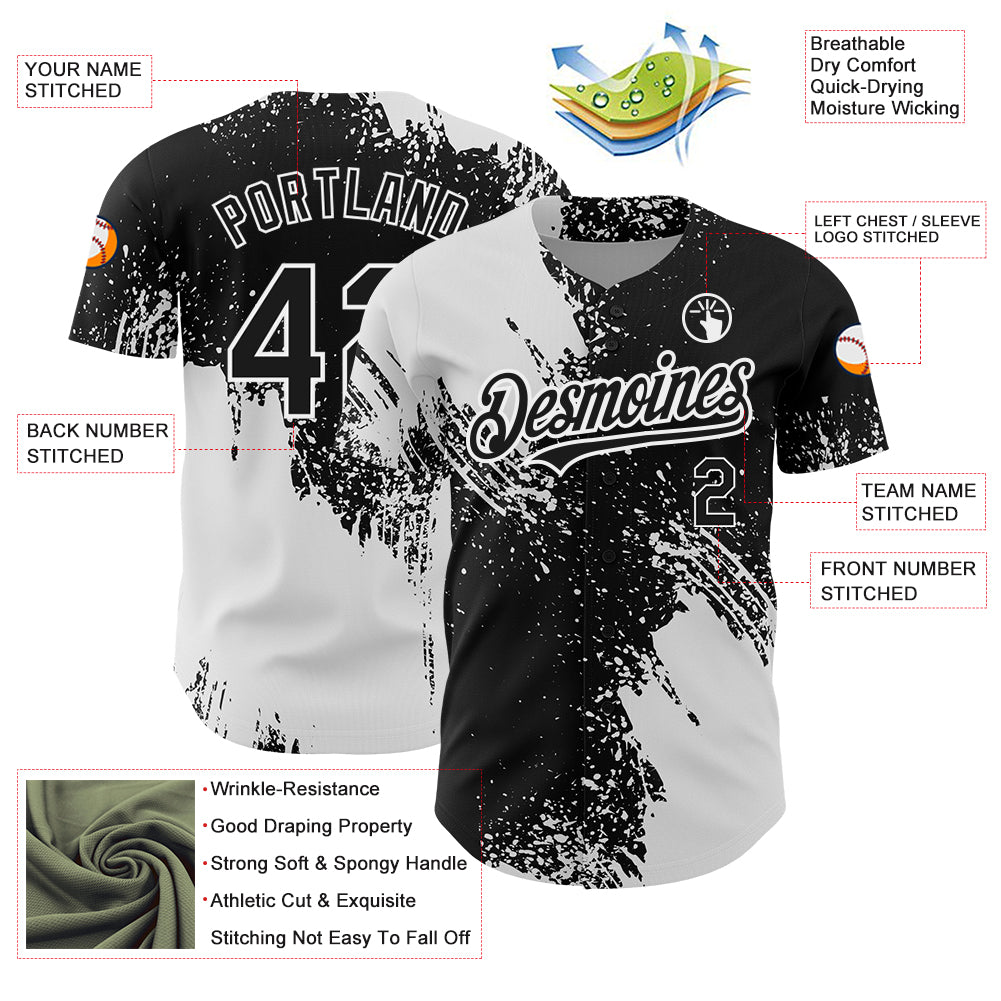 Custom Black White 3D Pattern Design Abstract Brush Stroke Authentic Baseball Jersey