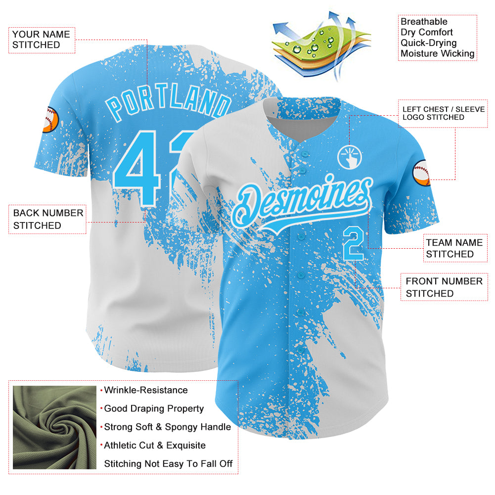 Custom Sky Blue White 3D Pattern Design Abstract Brush Stroke Authentic Baseball Jersey