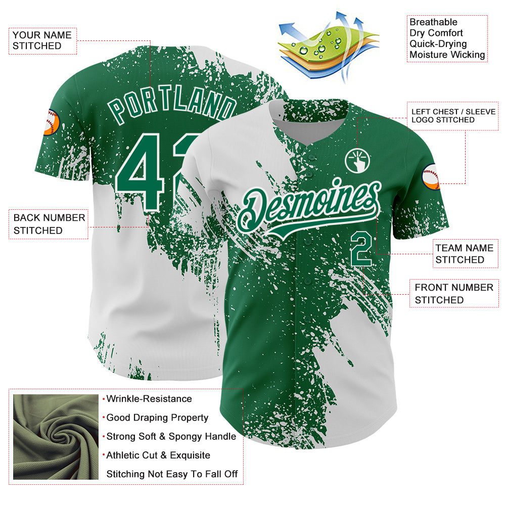 Custom Kelly Green White 3D Pattern Design Abstract Brush Stroke Authentic Baseball Jersey