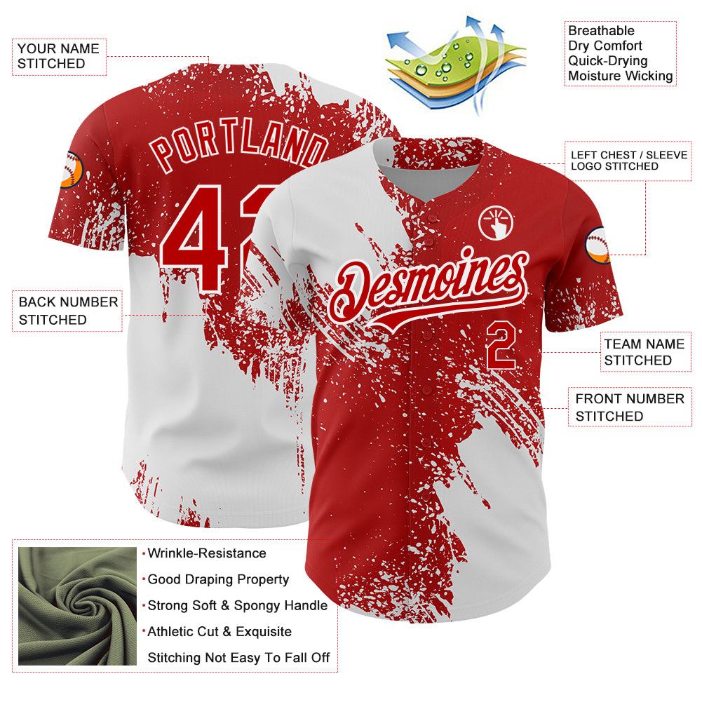 Custom Red White 3D Pattern Design Abstract Brush Stroke Authentic Baseball Jersey