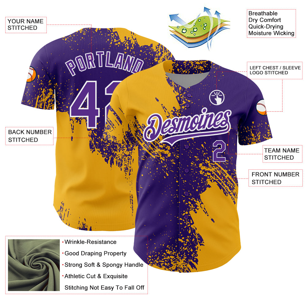 Custom Purple Gold-White 3D Pattern Design Abstract Brush Stroke Authentic Baseball Jersey