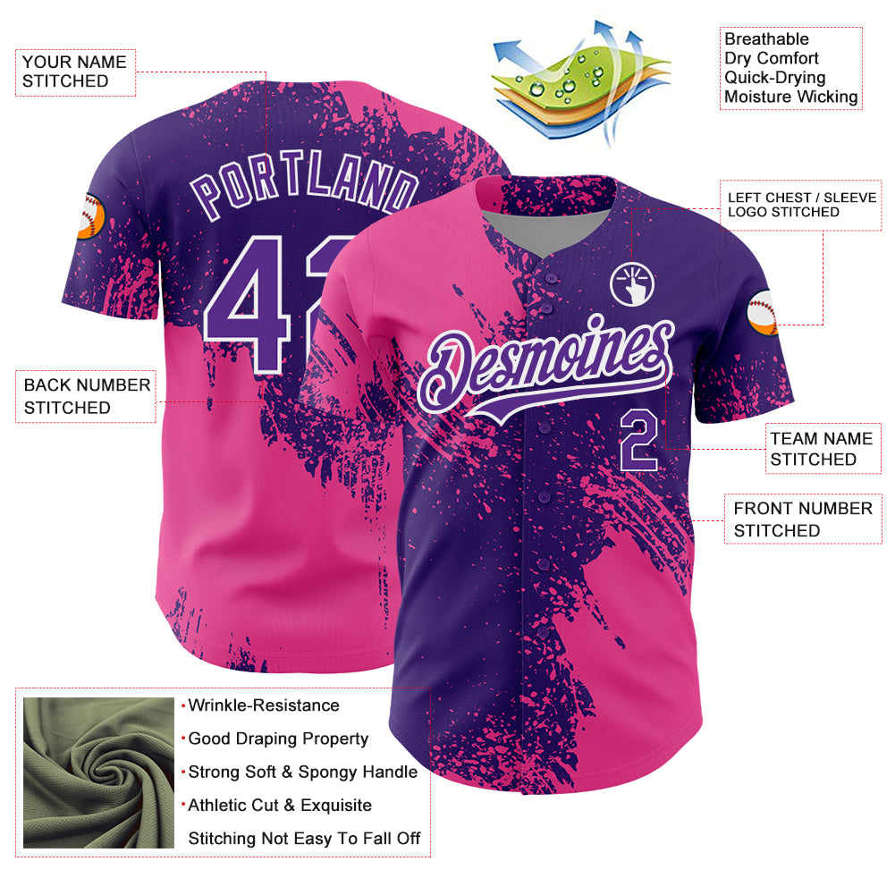 Custom Purple Pink-White 3D Pattern Design Abstract Brush Stroke Authentic Baseball Jersey