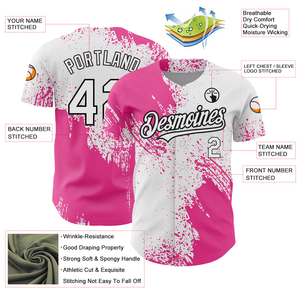 Custom White Pink-Black 3D Pattern Design Abstract Brush Stroke Authentic Baseball Jersey
