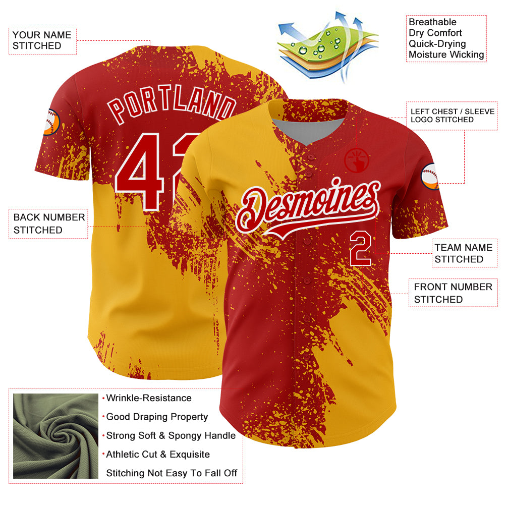Custom Red Gold-White 3D Pattern Design Abstract Brush Stroke Authentic Baseball Jersey