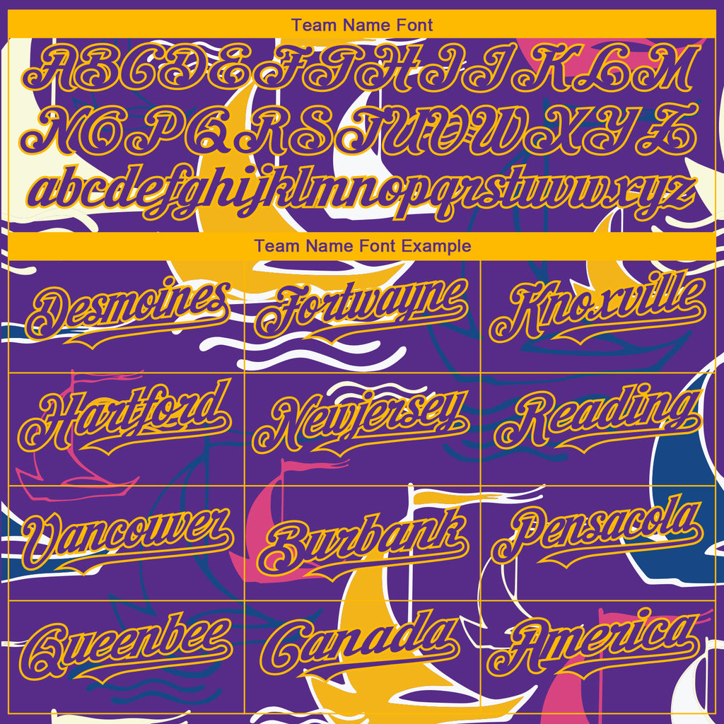 Custom Purple Gold 3D Pattern Design Sailing Boats Authentic Baseball Jersey