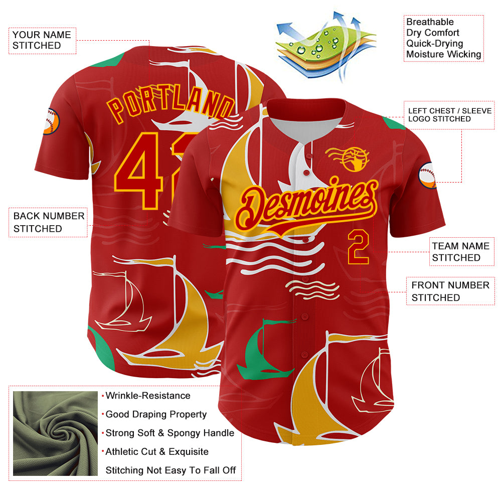 Custom Red Gold 3D Pattern Design Sailing Boats Authentic Baseball Jersey