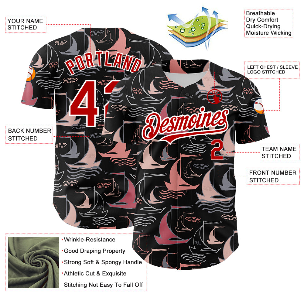 Custom Black Red-White 3D Pattern Design Sailing Boats Authentic Baseball Jersey