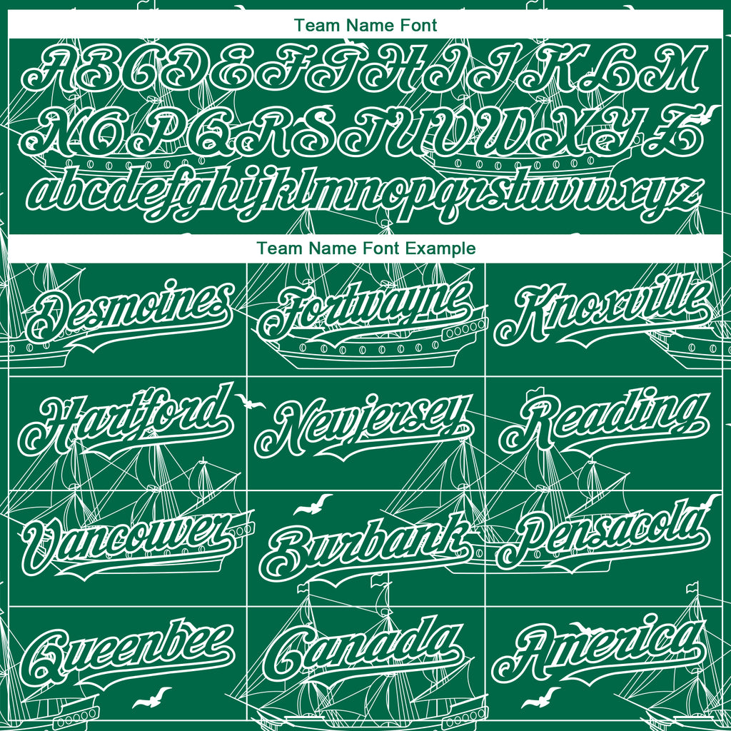 Custom Kelly Green White 3D Pattern Design Ship Frigate With Seagulls Authentic Baseball Jersey