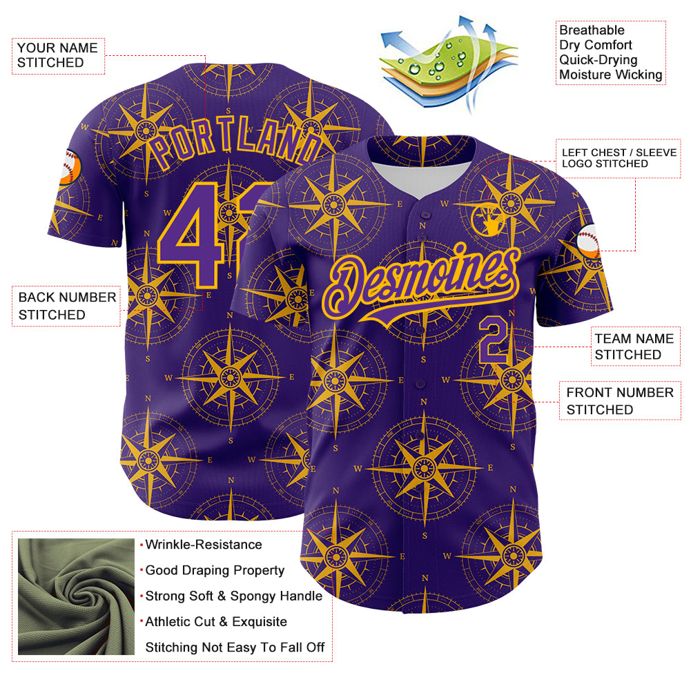 Custom Purple Gold 3D Pattern Design Navigation Compass Authentic Baseball Jersey