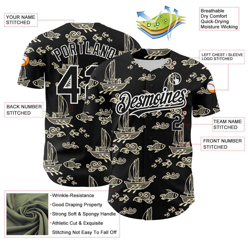Custom Black White 3D Pattern Design Boats And Fish Authentic Baseball Jersey
