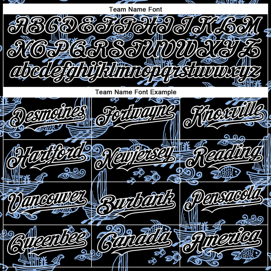 Custom Black White-Light Blue 3D Pattern Design Boats And Fish Authentic Baseball Jersey