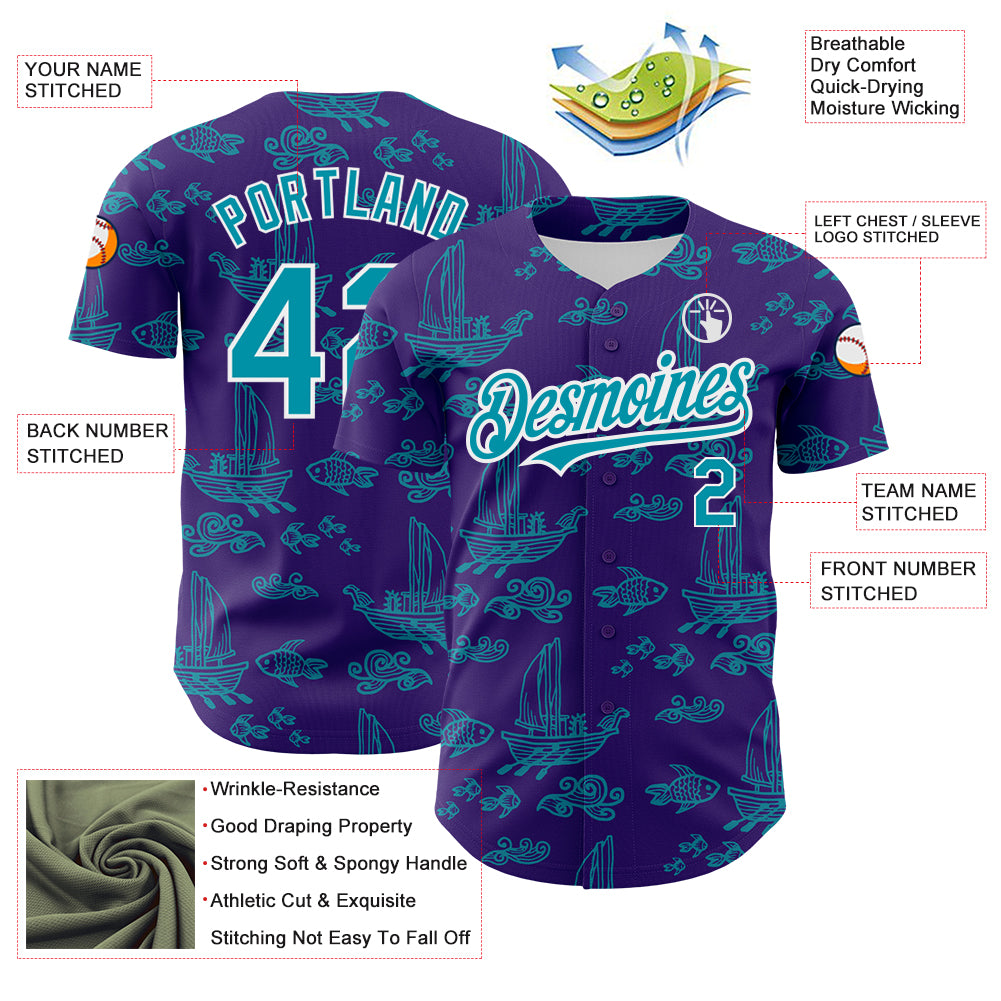Custom Purple Teal-White 3D Pattern Design Boats And Fish Authentic Baseball Jersey