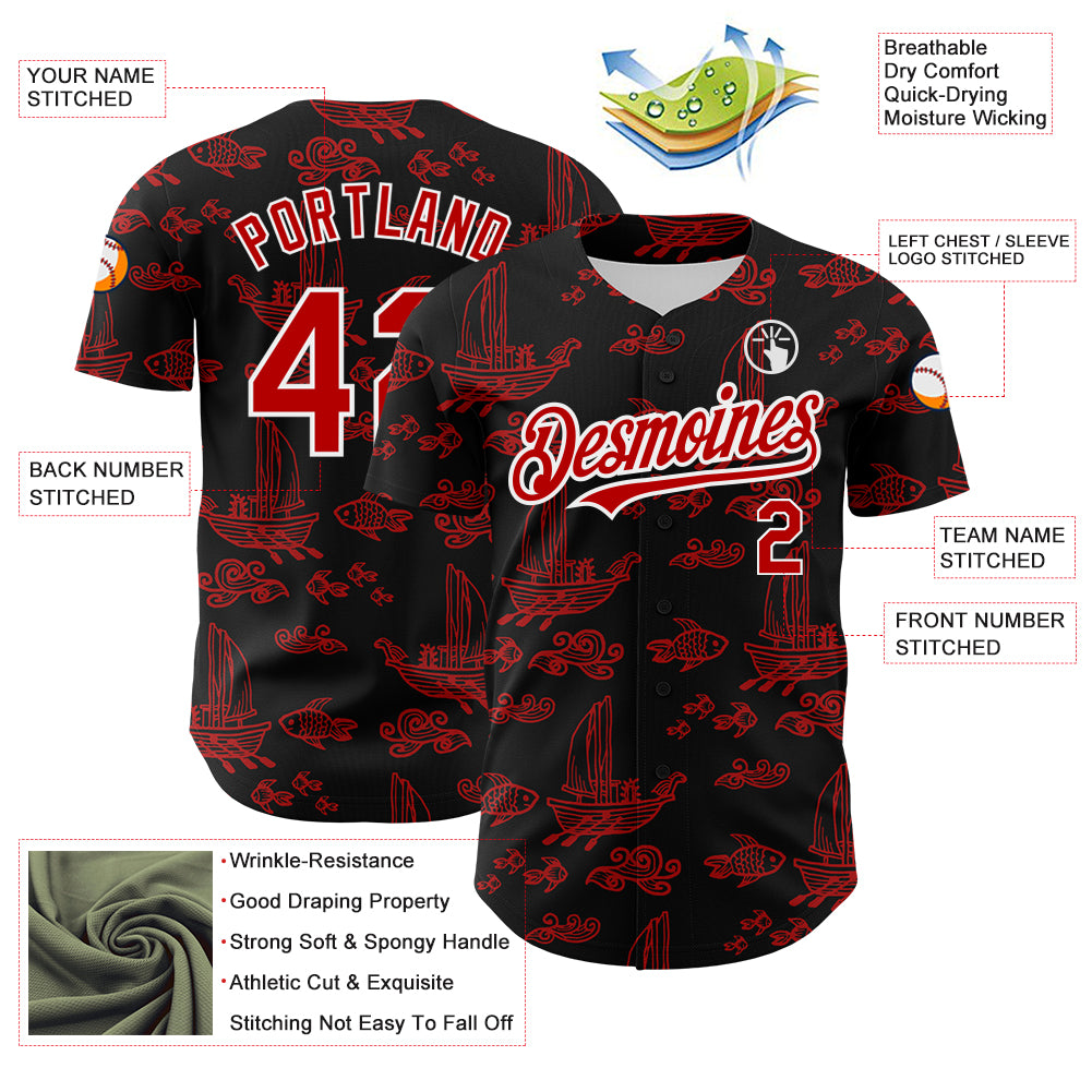 Custom Black Red-White 3D Pattern Design Boats And Fish Authentic Baseball Jersey