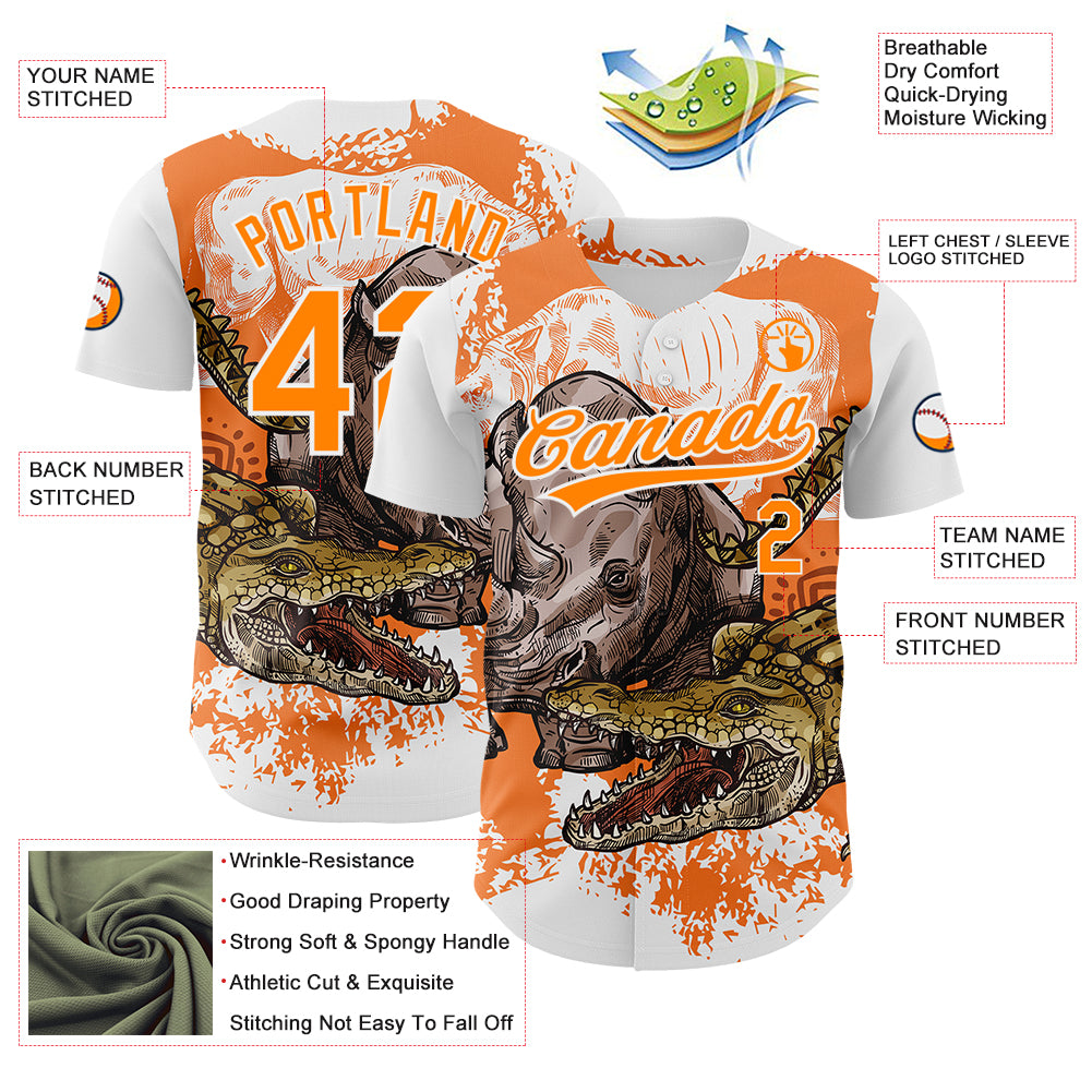 Custom White Bay Orange 3D Pattern Design Crocodile Authentic Baseball Jersey