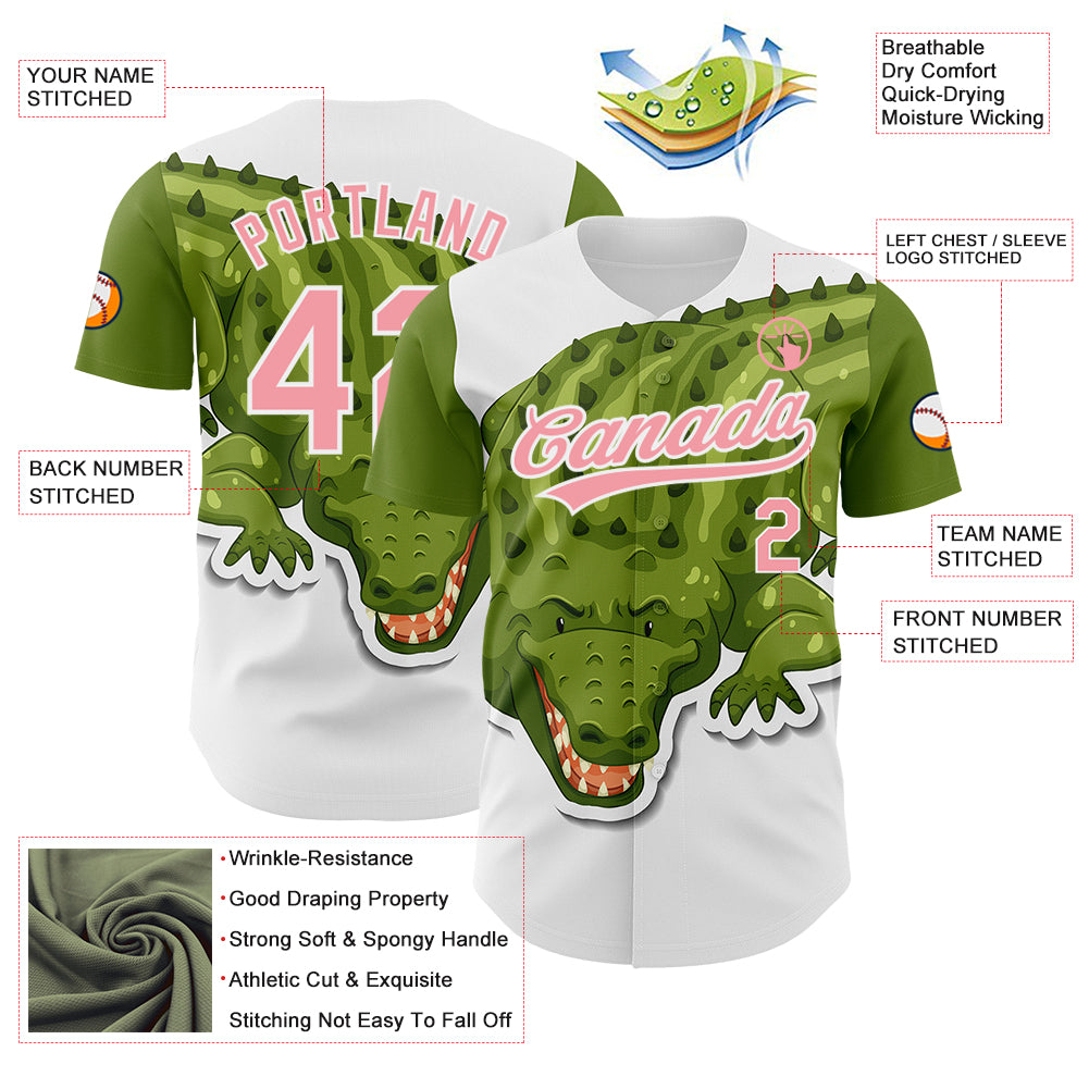 Custom White Medium Pink 3D Pattern Design Cartoon Crocodile Authentic Baseball Jersey