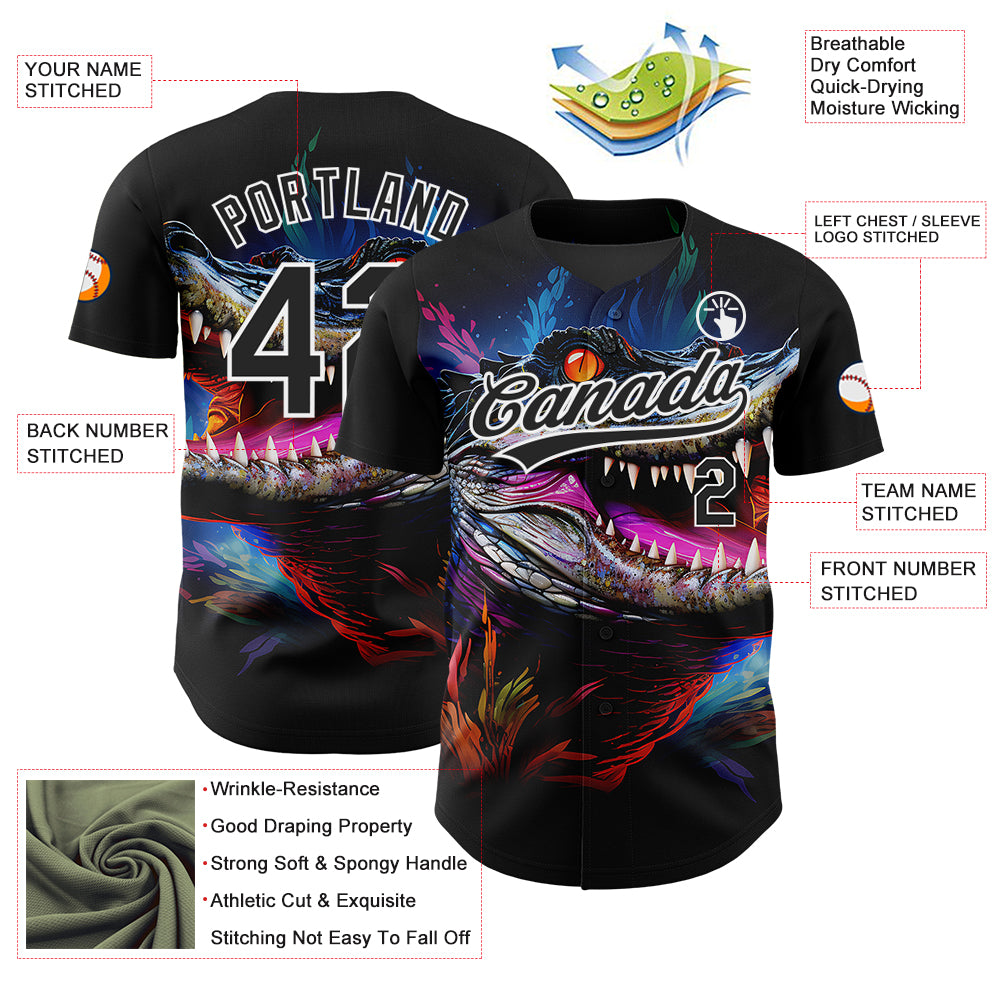 Custom Black White 3D Pattern Design Neon Crocodile Authentic Baseball Jersey