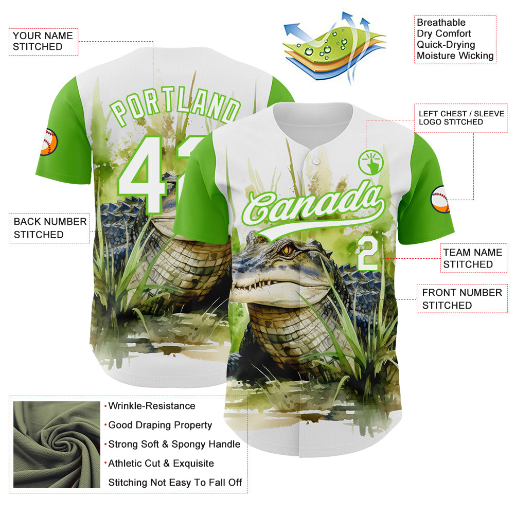 Custom White Aurora Green 3D Pattern Design Crocodile Authentic Baseball Jersey