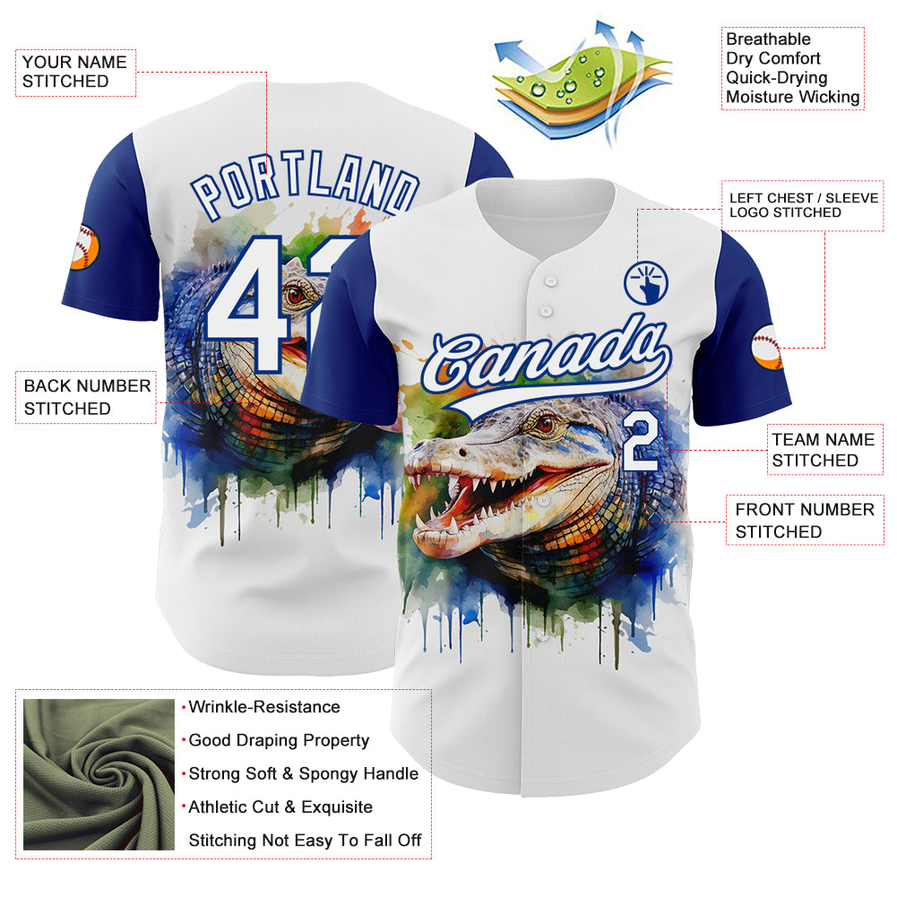 Custom White Royal 3D Pattern Design Crocodile Authentic Baseball Jersey