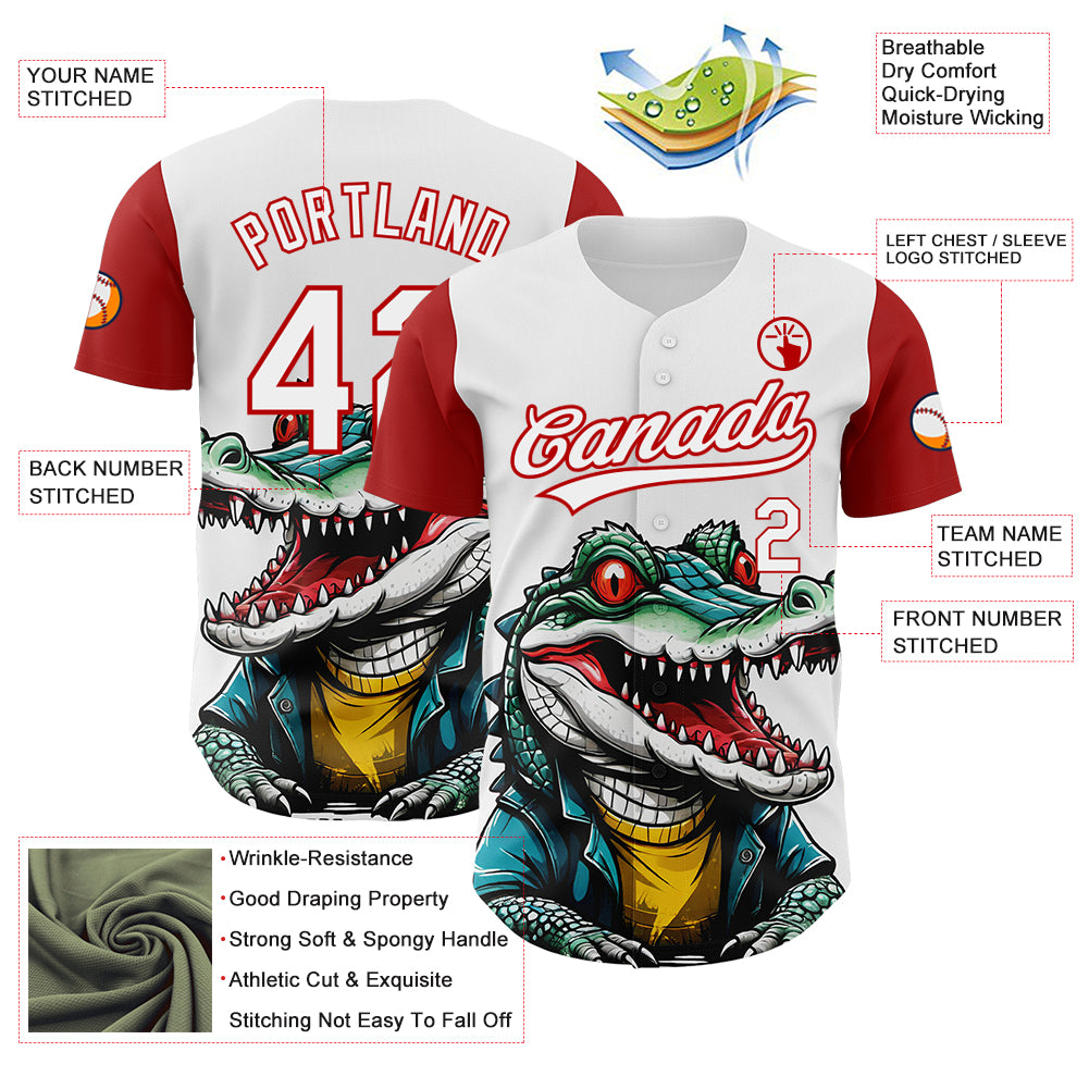 Custom White Red 3D Pattern Design Cartoon Crocodile Authentic Baseball Jersey