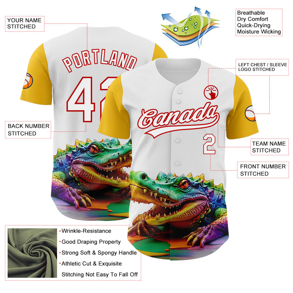 Custom White Red-Yellow 3D Pattern Design Colorful Crocodile Authentic Baseball Jersey