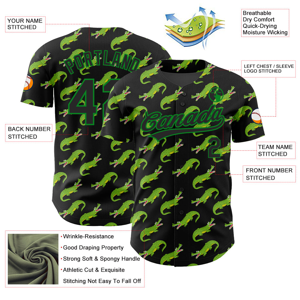 Custom Black Grass Green 3D Pattern Design Crocodile Authentic Baseball Jersey