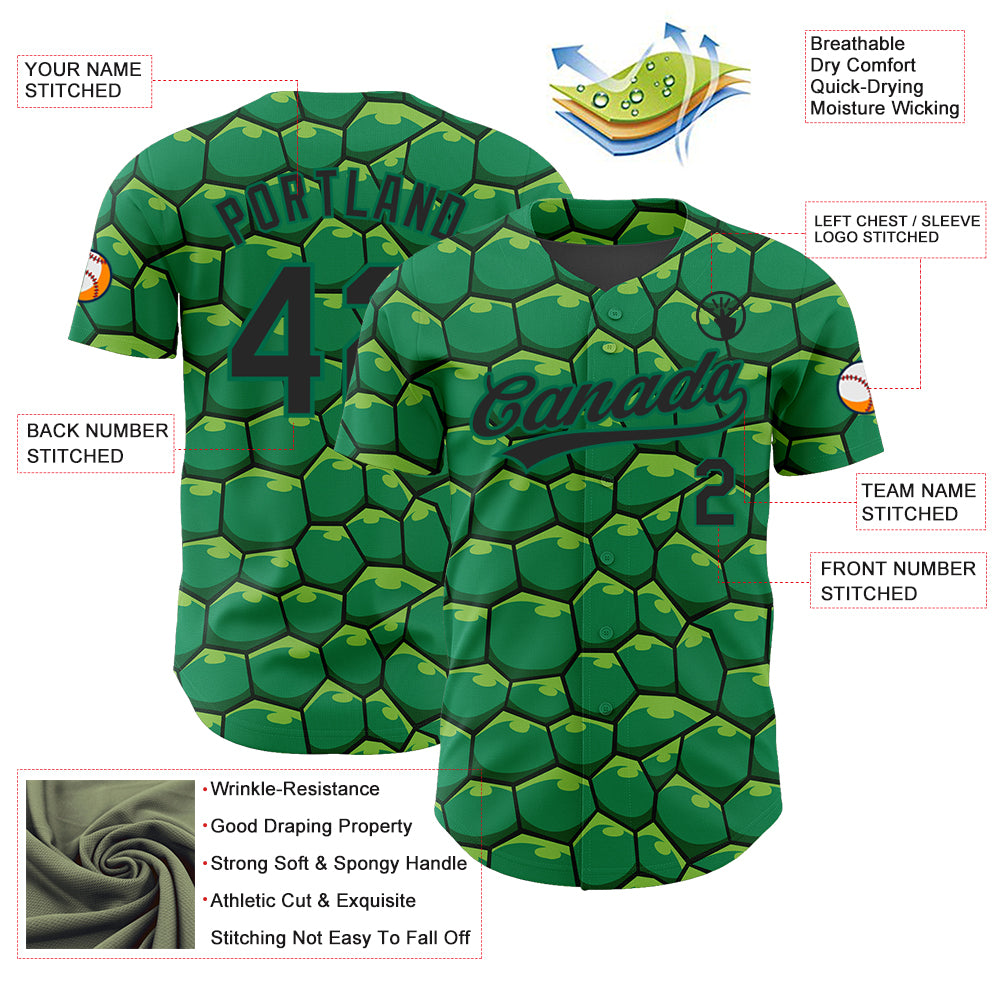 Custom Kelly Green Black 3D Pattern Design Turtle Shell Authentic Baseball Jersey