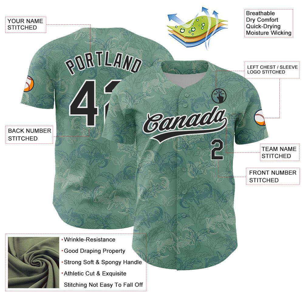 Custom Green Black-White 3D Pattern Design Crocodile And Plant Authentic Baseball Jersey