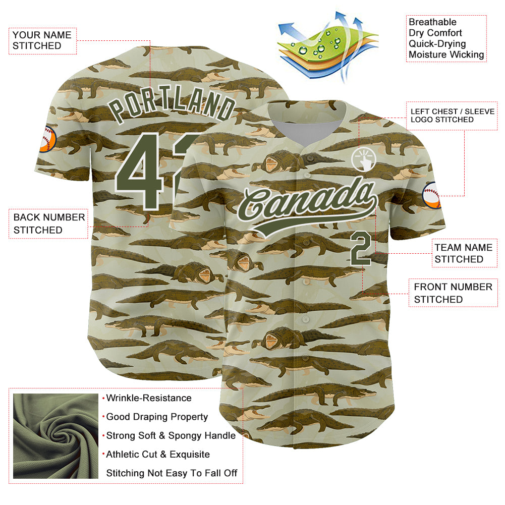 Custom Olive White 3D Pattern Design Crocodile Authentic Baseball Jersey