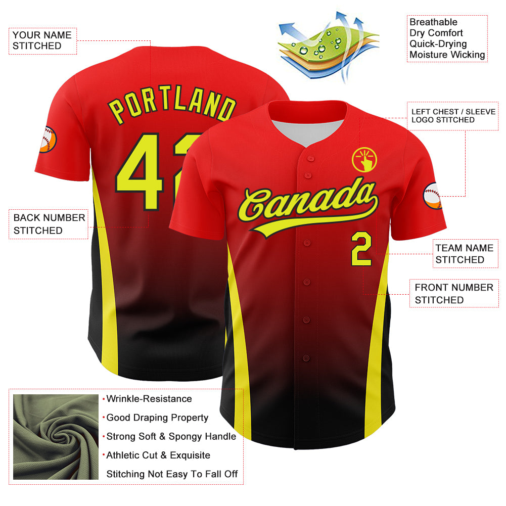 Custom Red Neon Yellow-Black 3D Pattern Design Side Stripes Authentic Baseball Jersey