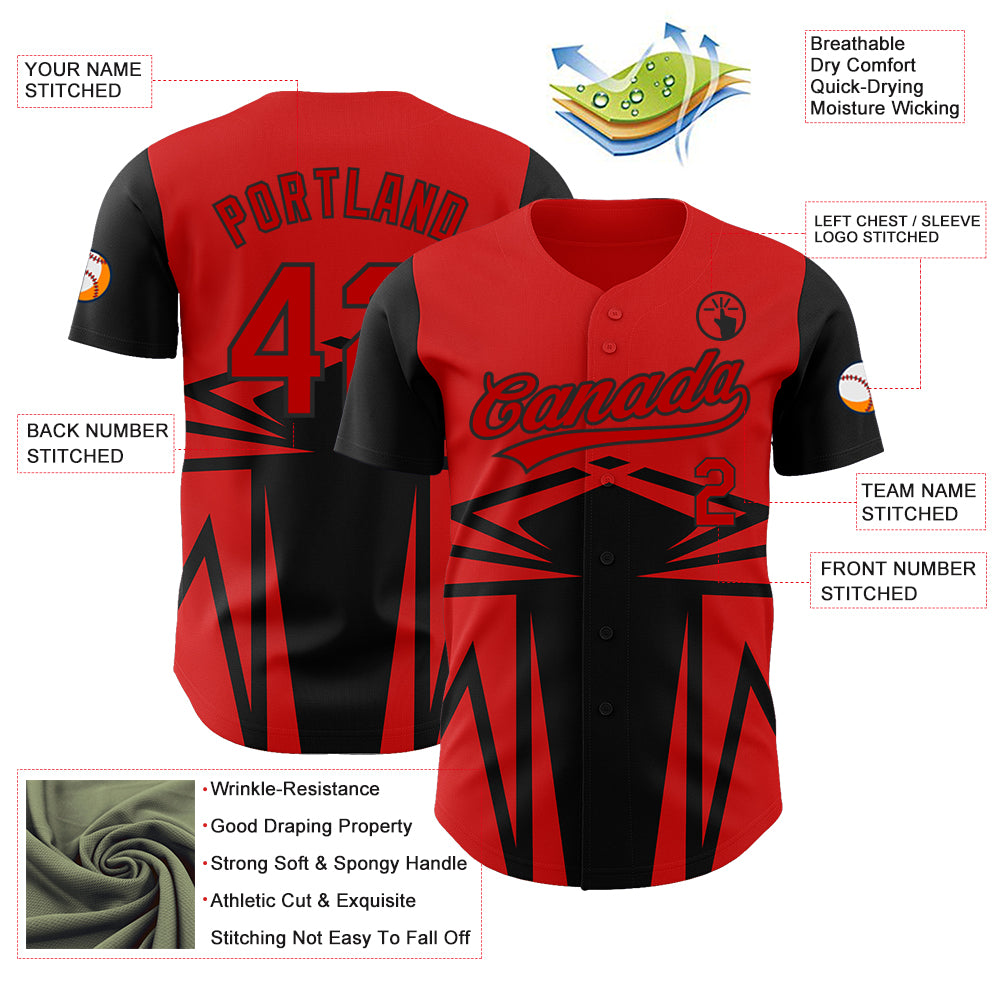 Custom Red Black 3D Pattern Design Side Sharp Edges Authentic Baseball Jersey