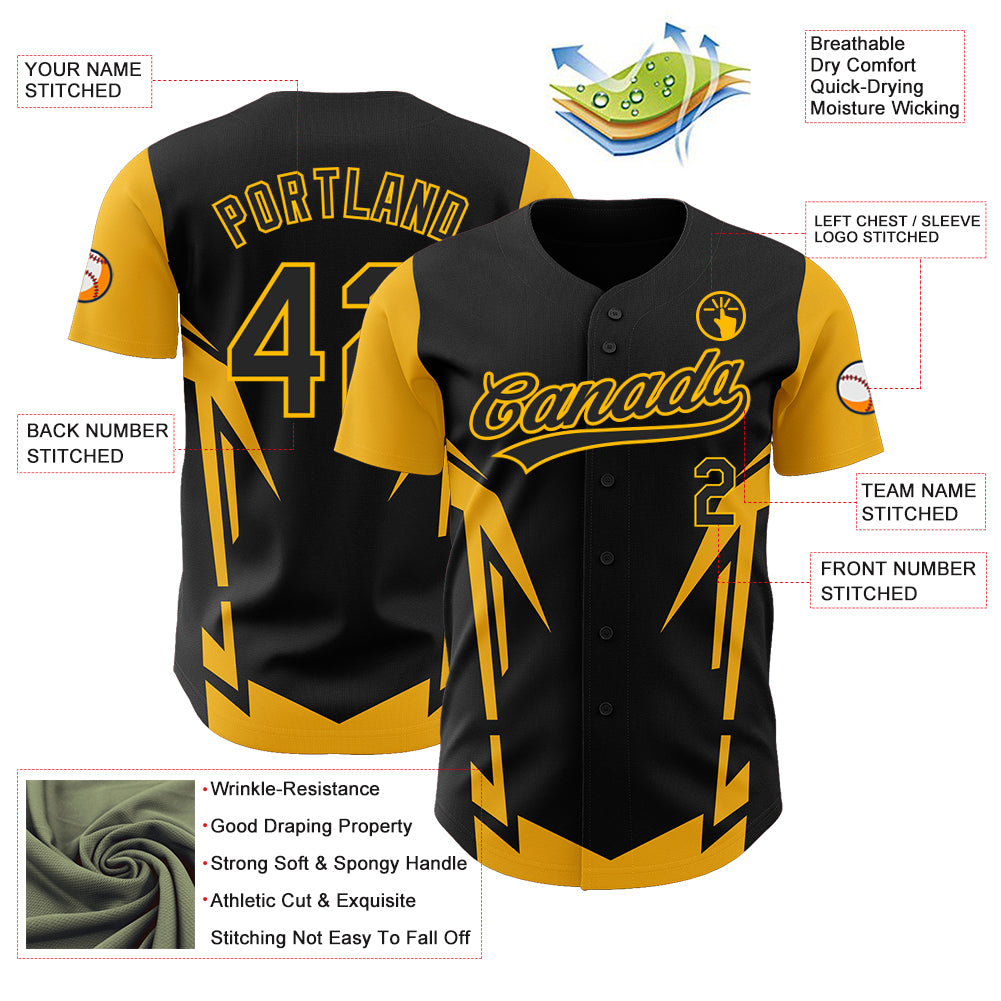 Custom Black Gold 3D Pattern Design Side Sharp Edges Authentic Baseball Jersey