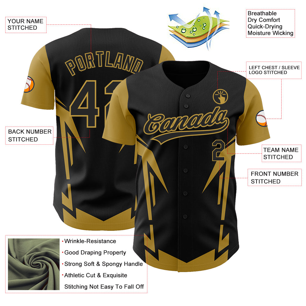 Custom Black Old Gold 3D Pattern Design Side Sharp Edges Authentic Baseball Jersey