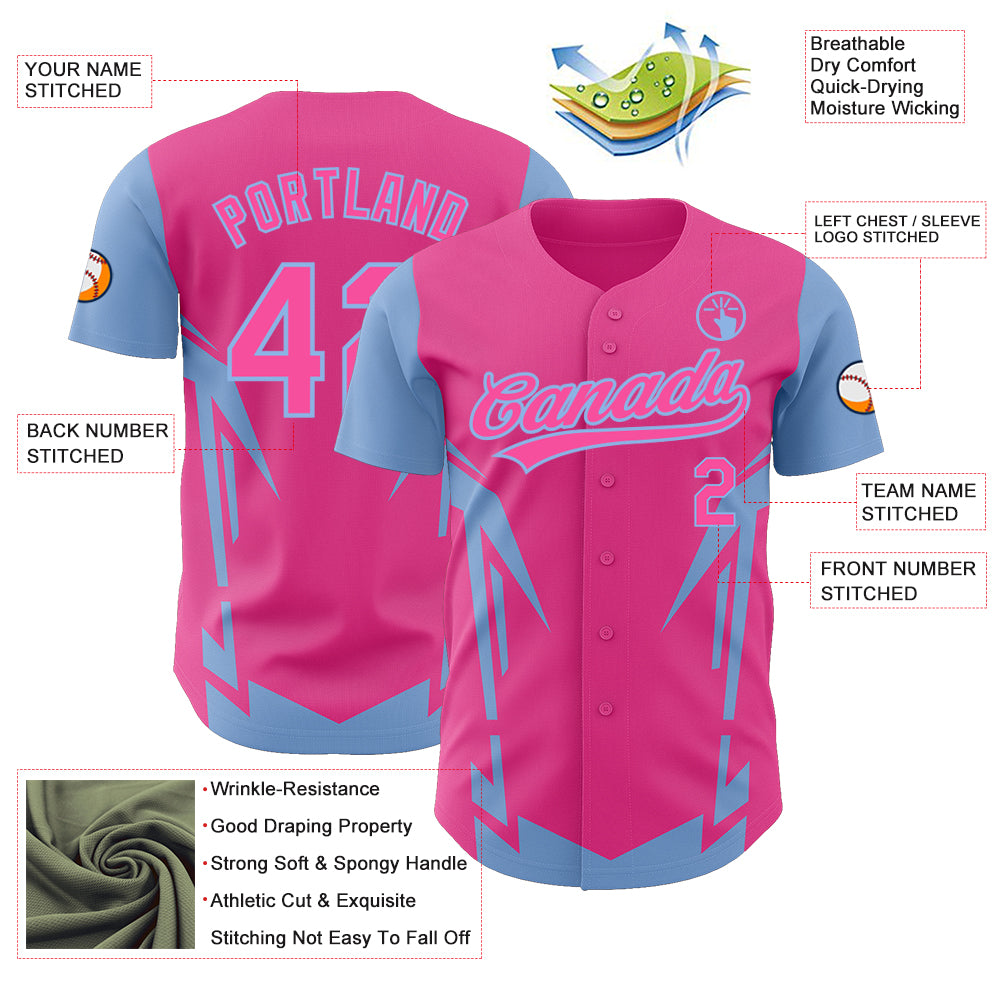 Custom Pink Light Blue 3D Pattern Design Side Sharp Edges Authentic Baseball Jersey