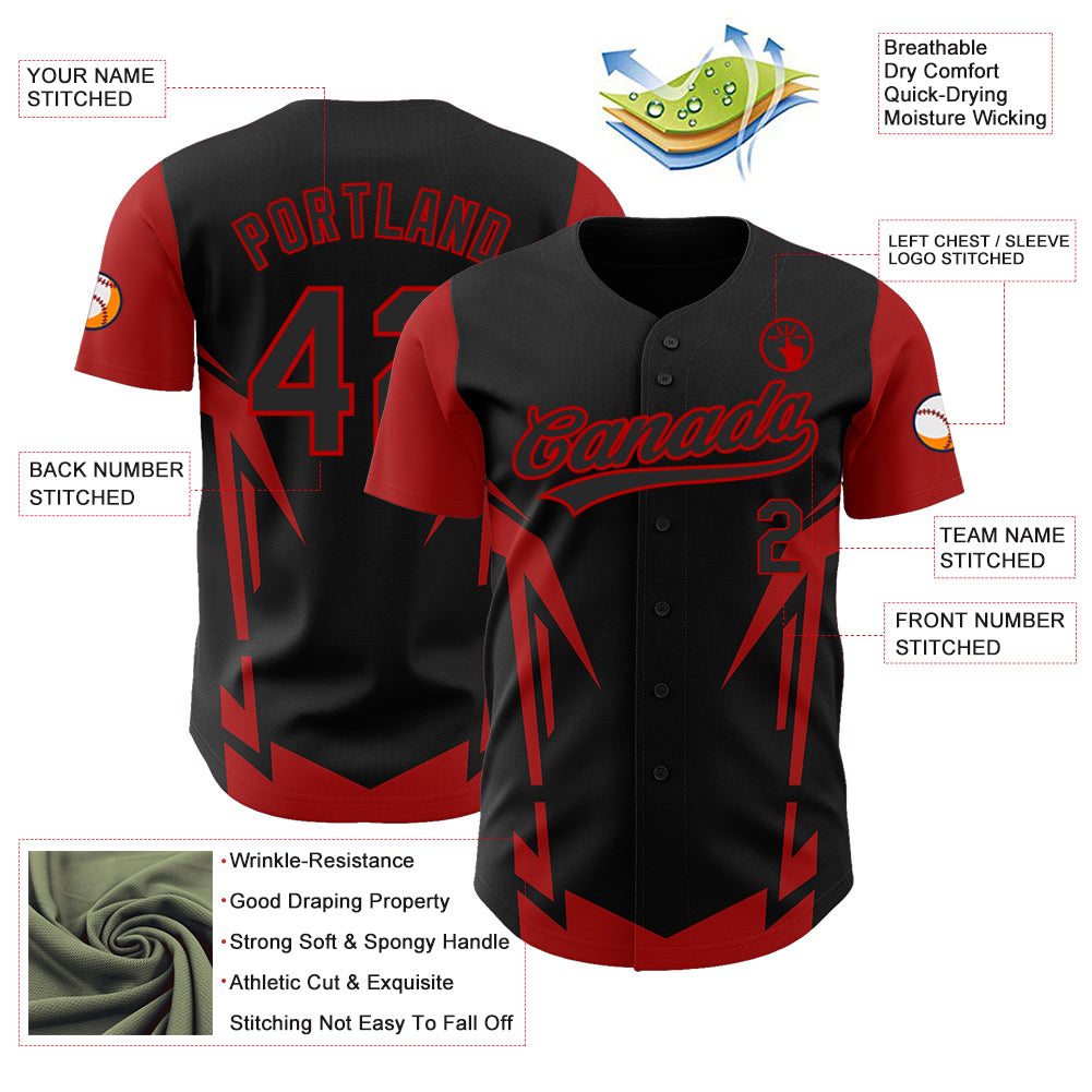 Custom Black Red 3D Pattern Design Side Sharp Edges Authentic Baseball Jersey