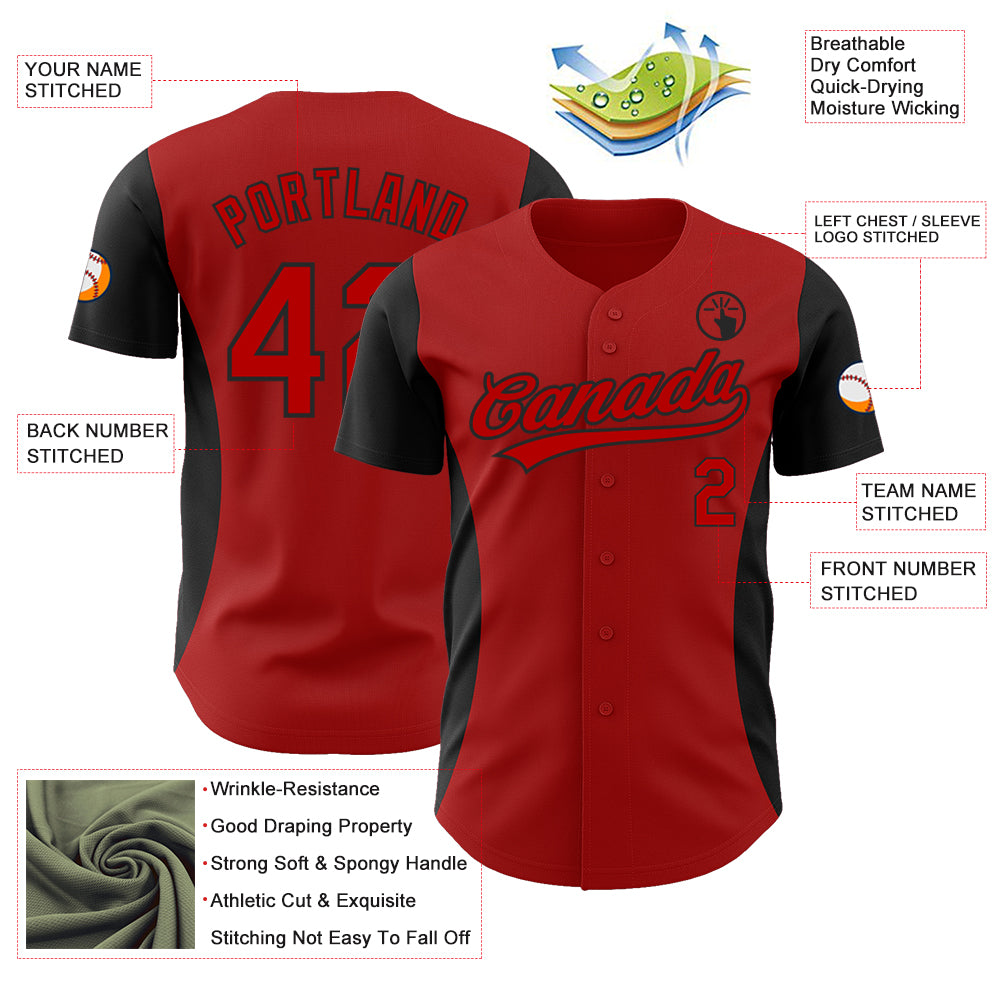 Custom Red Black 3D Pattern Design Side Stripes Authentic Baseball Jersey