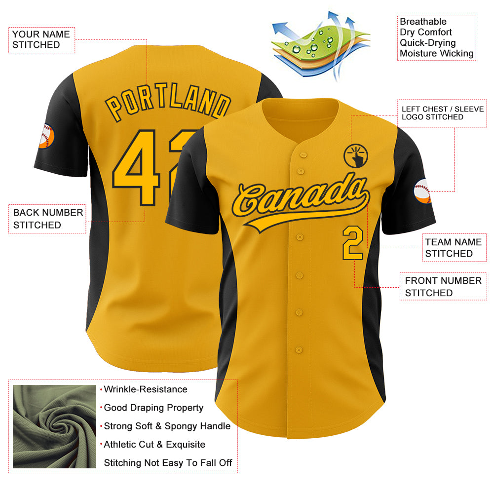 Custom Gold Black 3D Pattern Design Side Stripes Authentic Baseball Jersey