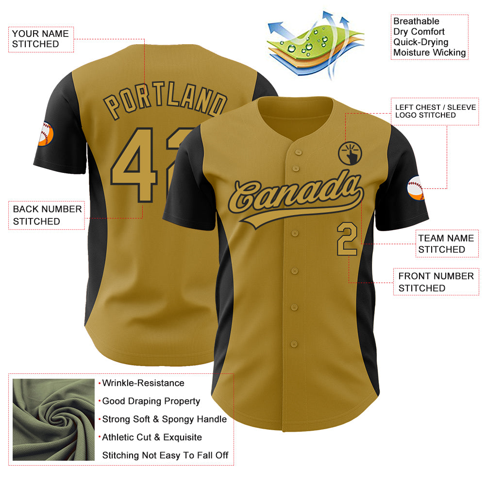 Custom Old Gold Black 3D Pattern Design Side Stripes Authentic Baseball Jersey