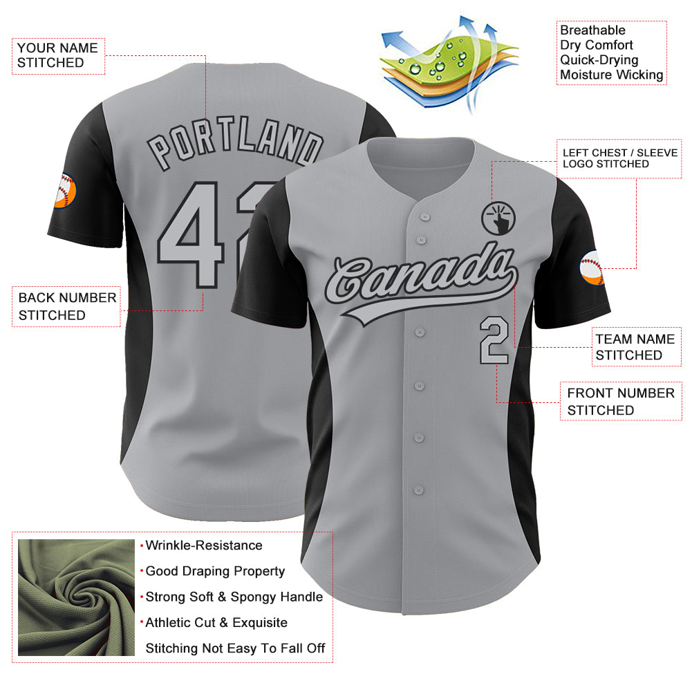 Custom Gray Black 3D Pattern Design Side Stripes Authentic Baseball Jersey