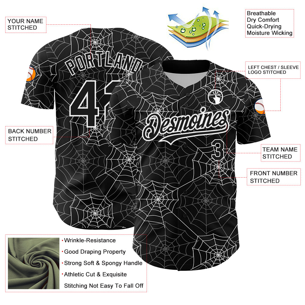 Custom Black White 3D Pattern Design Spider Web Authentic Baseball Jersey
