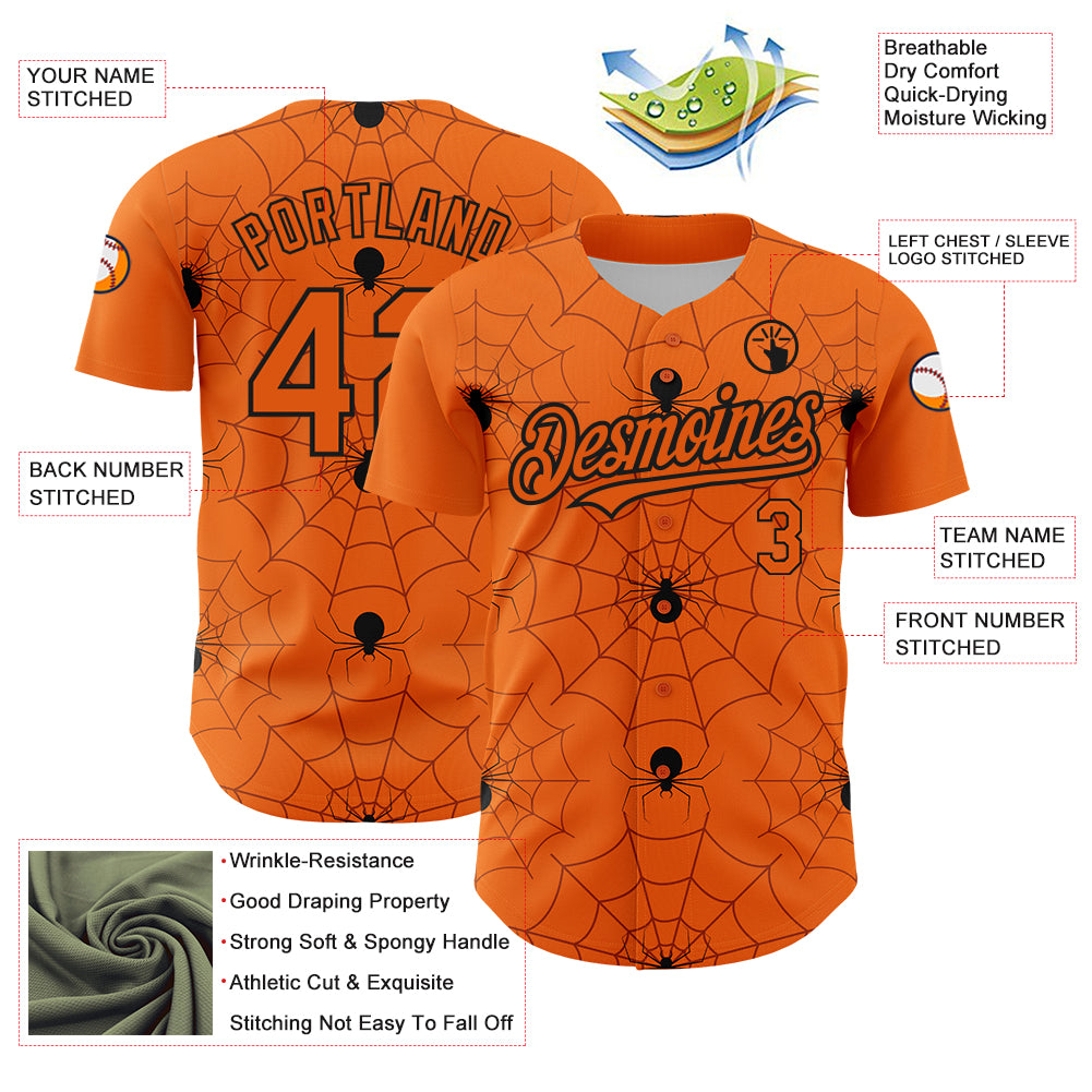 Custom Bay Orange Black 3D Pattern Design Spider Web Authentic Baseball Jersey