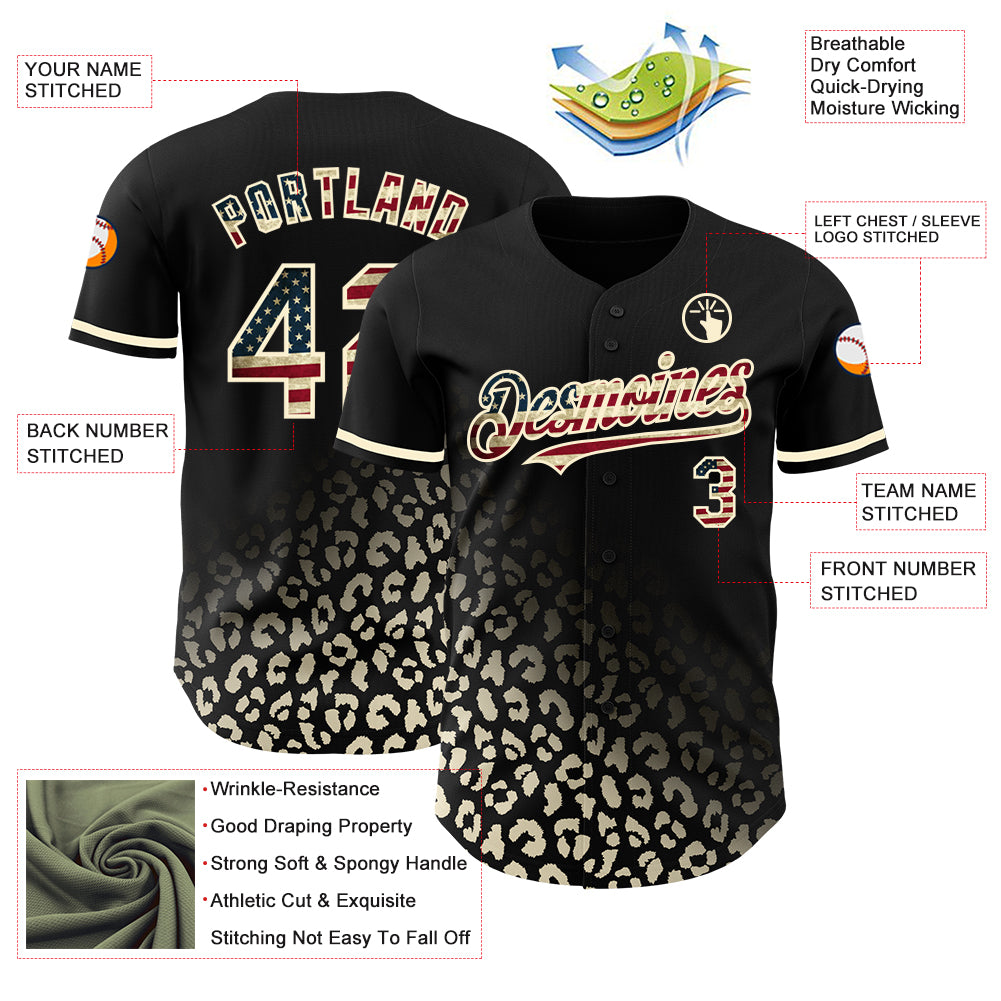 Custom Black Vintage USA Flag-Cream 3D Pattern Design Leopard Print Fade Fashion Authentic Baseball Jersey