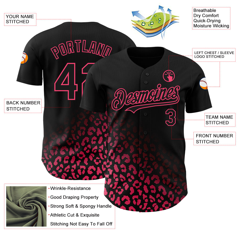 Custom Black Neon Pink 3D Pattern Design Leopard Print Fade Fashion Authentic Baseball Jersey